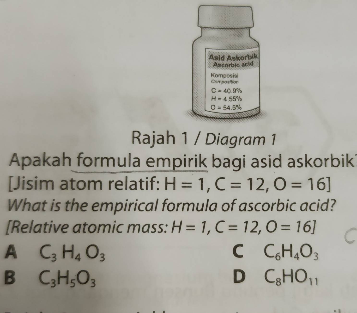 Asid Askorbik
Ascorbic acid
Komposisi
Composition
C=40.9%
H=4.55%
O=54.5%
Rajah 1 / Diagram 1
Apakah formula empirik bagi asid askorbik
[Jisim atom relatif: H=1, C=12, O=16]
What is the empirical formula of ascorbic acid?
[Relative atomic mass: H=1, C=12, O=16]
A C_3H_4O_3
C C_6H_4O_3
B C_3H_5O_3
D C_8HO_11