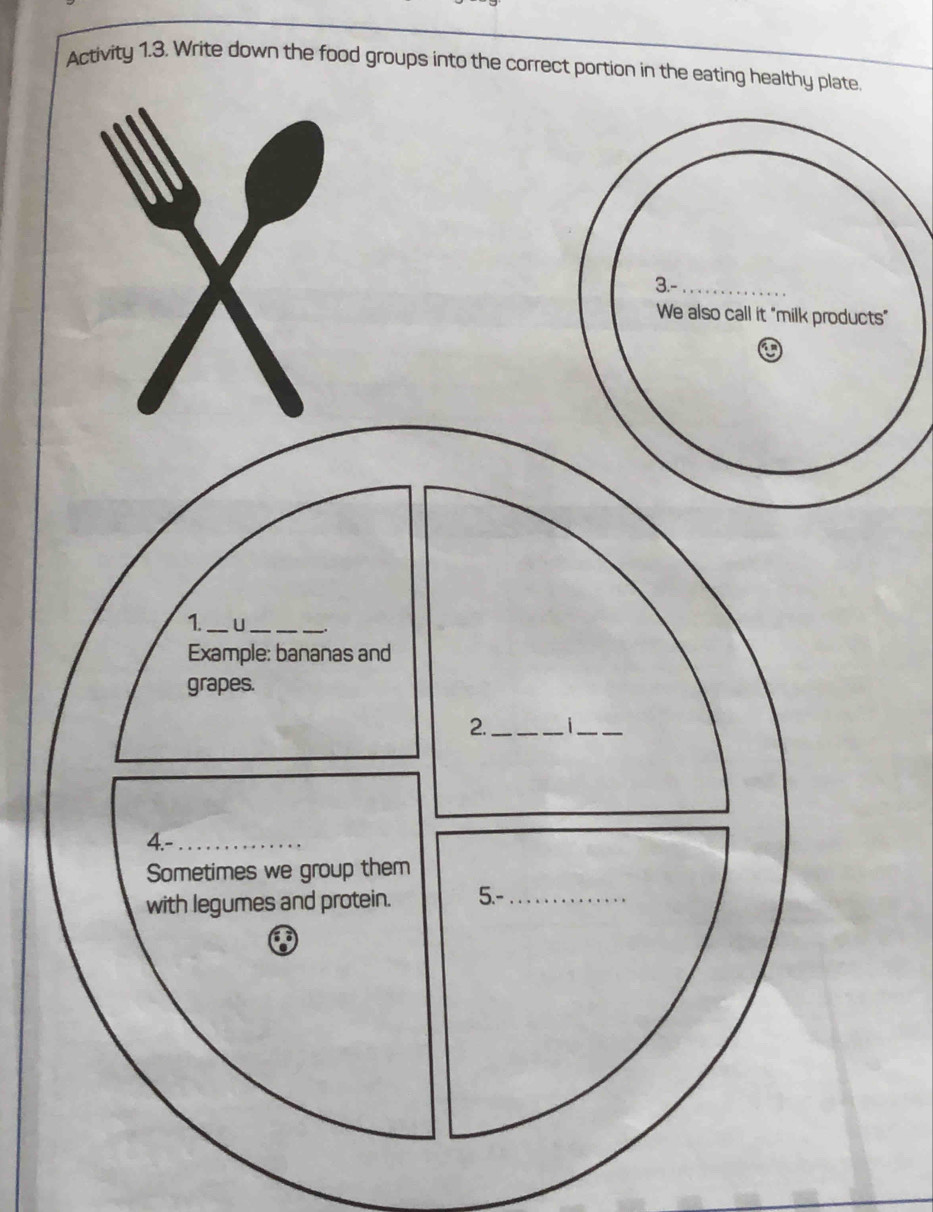 Activity 1.3. Write down the food groups into the correct portion in the eating healthy plate