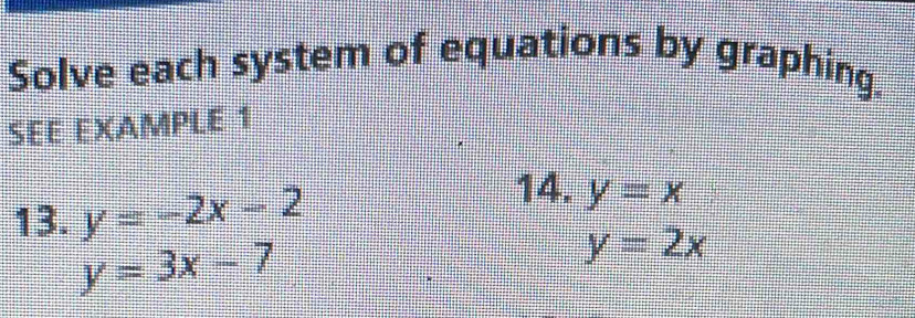 Solve each system of equations by graphing. 
SEE EXAMPLE 1 
14. 
13. y=-2x-2 y=x
y=3x-7
y=2x