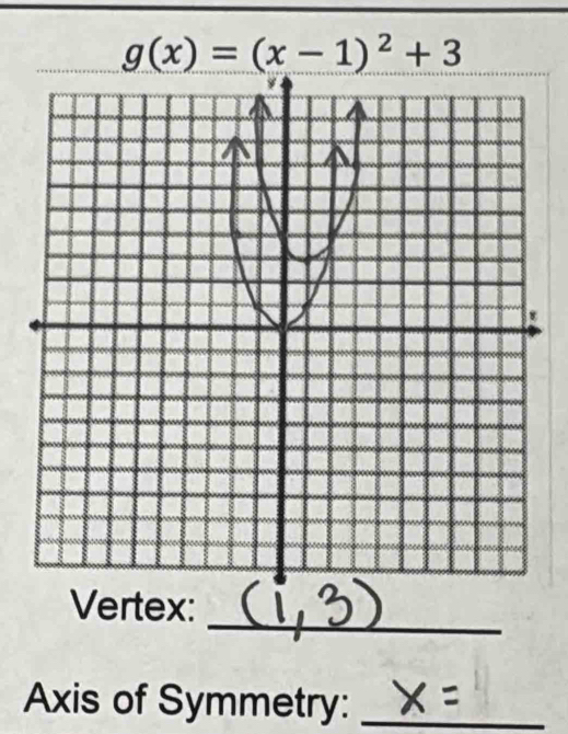 g(x)=(x-1)^2+3
_ 
Vertex: 
Axis of Symmetry:_