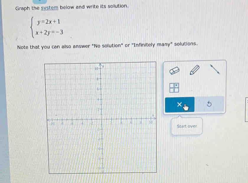 Graph the system below and write its solution.
beginarrayl y=2x+1 x+2y=-3endarray.
Note that you can also answer "No solution" or "Infinitely many" solutions. 
5 
Start over