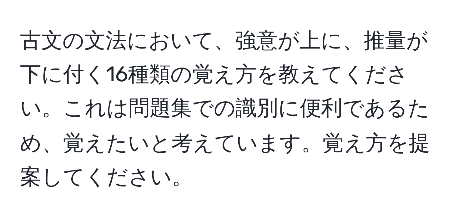 古文の文法において、強意が上に、推量が下に付く16種類の覚え方を教えてください。これは問題集での識別に便利であるため、覚えたいと考えています。覚え方を提案してください。