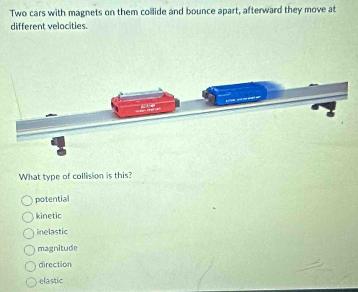 Two cars with magnets on them collide and bounce apart, afterward they move at
different velocities.
What type of collision is this?
potential
kinetic
inelastic
magnitude
direction
elastic