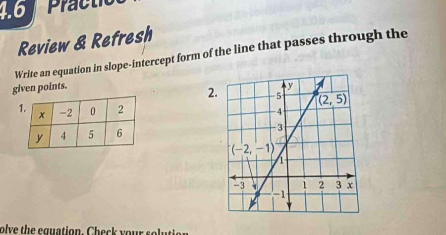 1.6 Practio
Review & Refresh
Write an equation in slope-intercept form of the line that passes through the
given points. 
2
olve the eguation. Check your solution