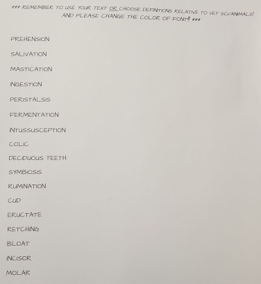 REMEMBER TO USE YOUR TEXT OR CHOOSE DEFINITIONS RELATIVE TO VET SCVANMALS! 
AND PLEASE CHANGE THE COLOR OF FicN:_ 2 * ** 
PREHENSION 
SALIVATION 
MASTICATION 
INGESTION 
PERISTALSIS 
FERMENTATION 
NTUSSUSCEPTION 
COLIC 
DECIDUOUS TEETH 
SYMBIOSIS 
RUMINATION 
CuD 
ERUCTATE 
RETCHING 
BLOAT 
INCISOR 
MOLAR