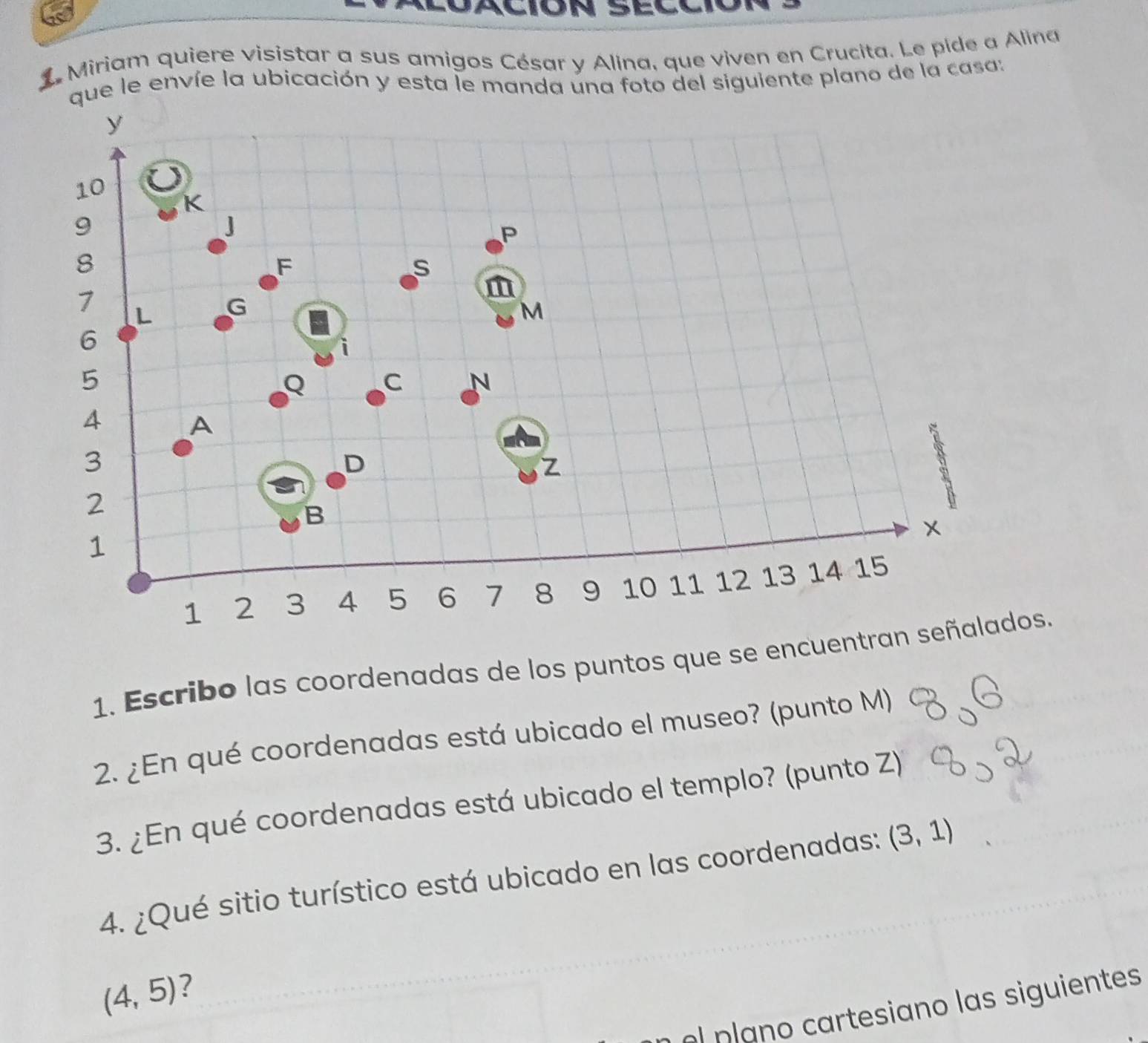 Miriam quiere visistar a sus amigos César y Alina, que viven en Crucita. Le pide a Alina 
que le envíe la ubicación y esta le manda una foto del siguiente plano de la casa: 
1. Escribo las coordenadas de los puntos que se encuentran señalados. 
2. ¿En qué coordenadas está ubicado el museo? (punto M) 
3. ¿En qué coordenadas está ubicado el templo? (punto Z) 
4. ¿Qué sitio turístico está ubicado en las coordenadas: (3,1)
(4,5) 2 
el p lano cartesiano las siguientes