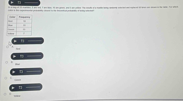 In a bag of 25 marbles, 5 are red, 7 are blue, 10 are green, and 3 are yellow. The results of a marble being randomly selected and replaced 50 times are shown in the table. For which
color is the experimental probability closest to the theoretical probability of being selected?
A
Red
B
Blue
C
Green
D Yellow