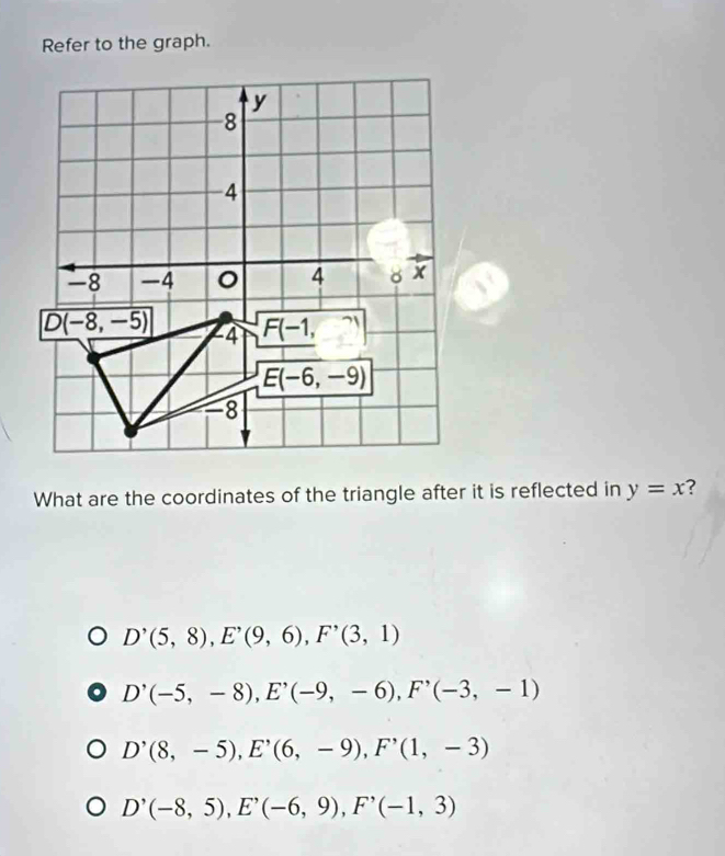 Refer to the graph.
What are the coordinates of the triangle after it is reflected in y=x ?
D'(5,8),E'(9,6),F'(3,1)
D'(-5,-8),E'(-9,-6),F'(-3,-1)
D'(8,-5),E'(6,-9),F'(1,-3)
D'(-8,5),E'(-6,9),F'(-1,3)