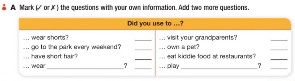 A Mark (◤ or ✗ ) the questions with your own information. Add two more questions. 
Did you use to ...? 
wear shorts? _visit your grandparents? 
_ 
go to the park every weekend? _own a pet? 
_ 
have short hair? _eat kiddie food at restaurants?_ 
wear_ ? _play _?_ 
. . .