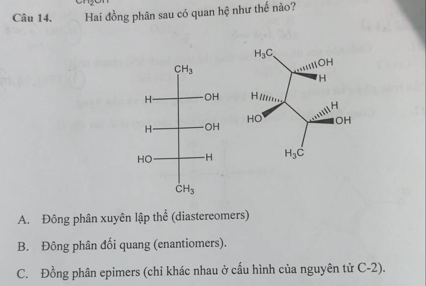 Hai đồng phân sau có quan hệ như thế nào?

A. Đông phân xuyên lập thể (diastereomers)
B. Đông phân đối quang (enantiomers).
C. Đồng phân epimers (chỉ khác nhau ở cấu hình của nguyên tử C-2).