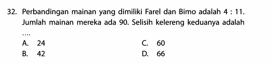 Perbandingan mainan yang dimiliki Farel dan Bimo adalah 4:11. 
Jumlah mainan mereka ada 90. Selisih kelereng keduanya adalah
….
A. 24 C. 60
B. 42 D. 66