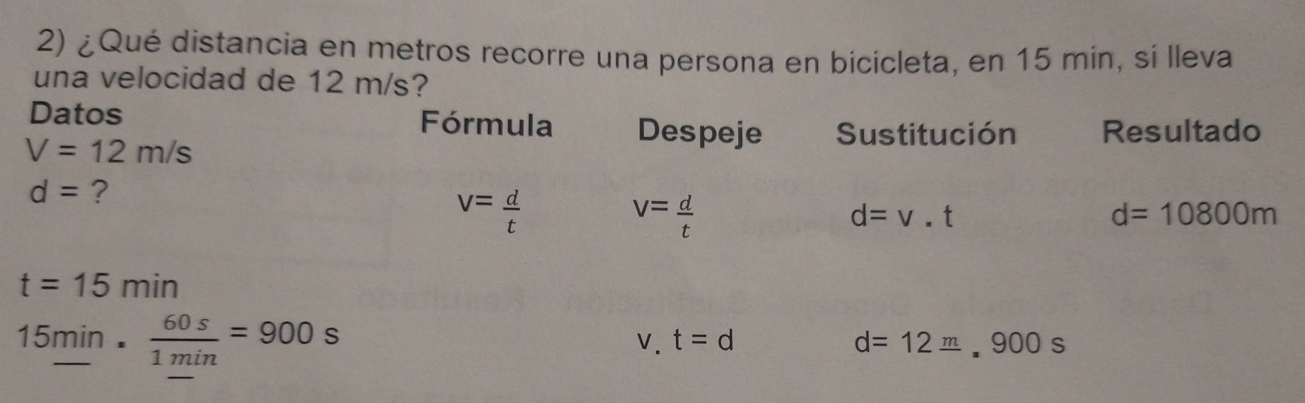 ¿Qué distancia en metros recorre una persona en bicicleta, en 15 min, si lleva 
una velocidad de 12 m/s? 
Datos Fórmula Despeje Sustitución Resultado
V=12m/s
d= ?
V= d/t 
V= d/t 
d=v.t
d=10800m
t=15min
15_ min·  60s/1min =900s
V. t=d d=12frac m,900s