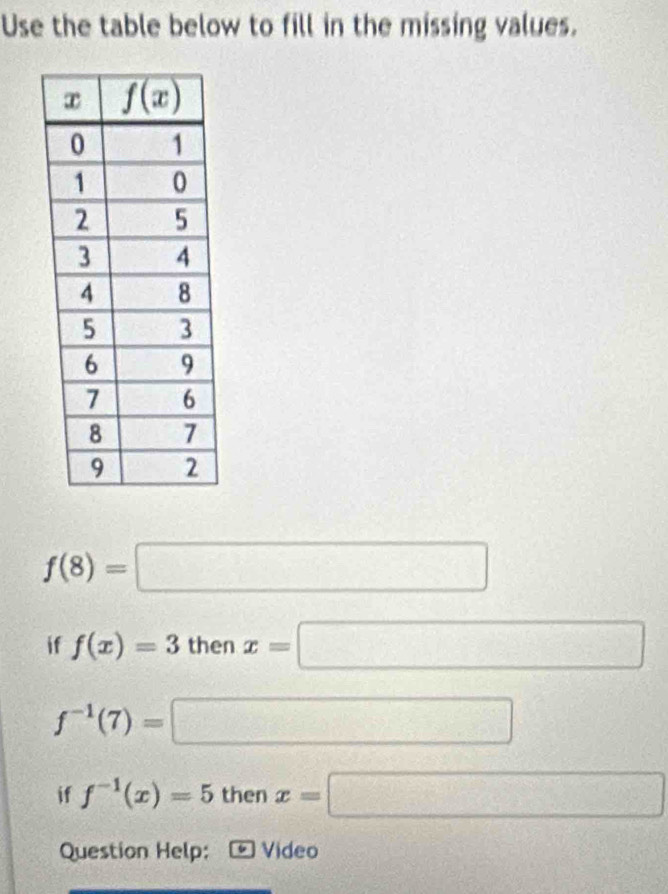 Use the table below to fill in the missing values.
f(8)=□
if f(x)=3 then x=□
f^(-1)(7)=□
if f^(-1)(x)=5 then x=□
Question Help: Video