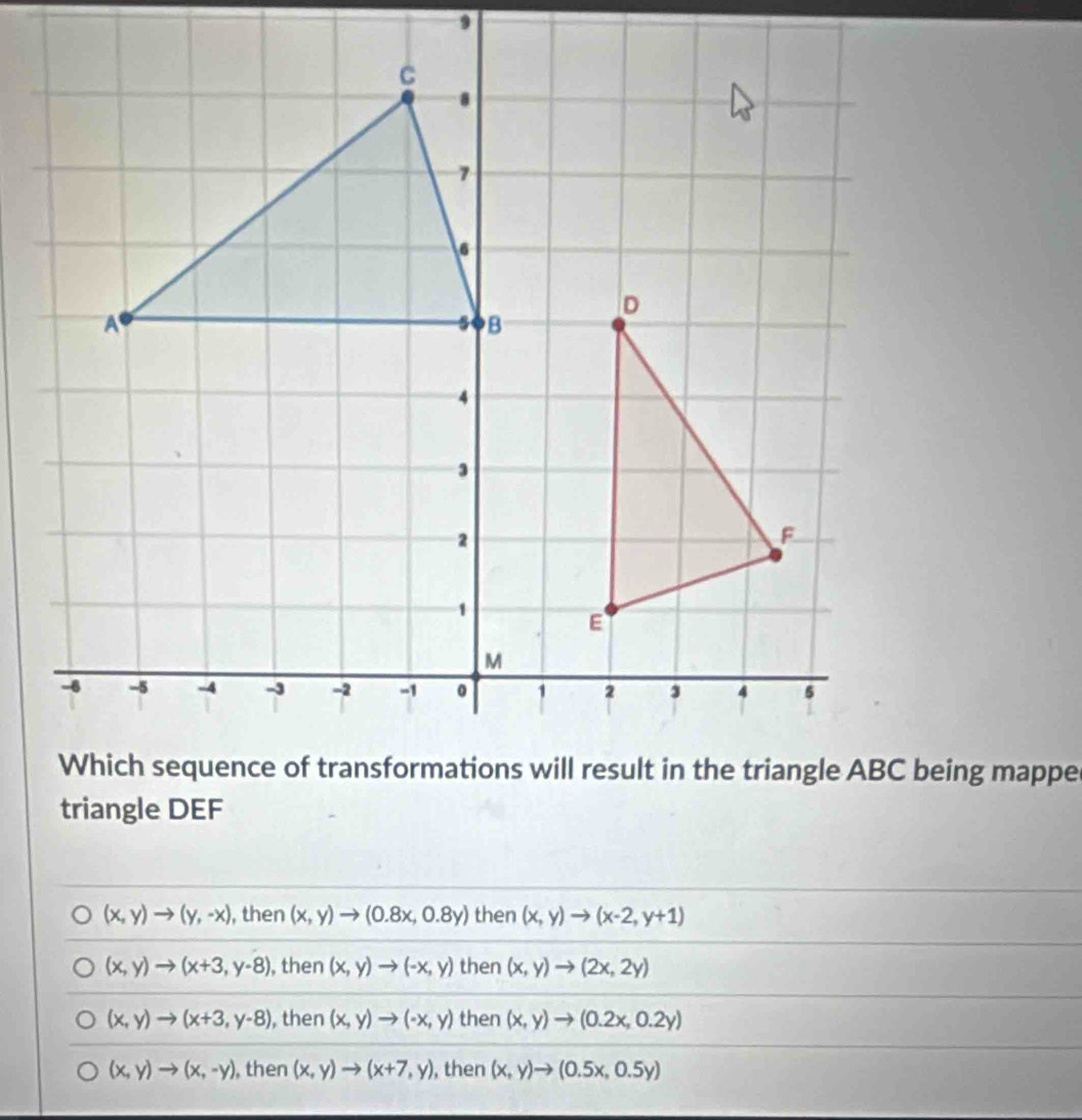 triangle DEF
(x,y)to (y,-x) , then (x,y)to (0.8x,0.8y) then (x,y)to (x-2,y+1)
(x,y)to (x+3,y-8) , then (x,y)to (-x,y) then (x,y)to (2x,2y)
(x,y)to (x+3,y-8) , then (x,y)to (-x,y) then (x,y)to (0.2x,0.2y)
(x,y)to (x,-y) , then (x,y)to (x+7,y) , then (x,y)to (0.5x,0.5y)