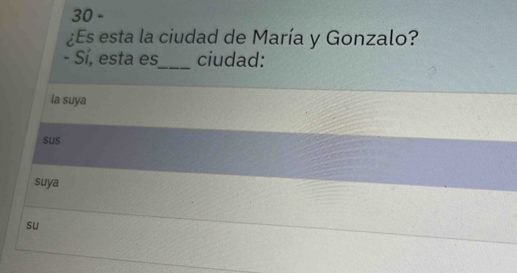 30 -
¿Es esta la ciudad de María y Gonzalo?
- Sí, esta es_ ciudad:
la suya
sus
suya
su