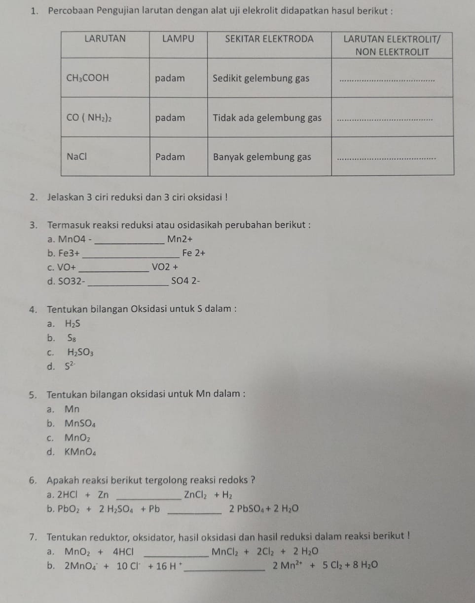 Percobaan Pengujian larutan dengan alat uji elekrolit didapatkan hasul berikut :
2. Jelaskan 3 ciri reduksi dan 3 ciri oksidasi !
3. Termasuk reaksi reduksi atau osidasikah perubahan berikut :
a. MnO4 -_ Mn2+
b. Fe3+ _Fe 2+
C. VO+ _ VO2+
d. SC 032- _SO4 2-
4. Tentukan bilangan Oksidasi untuk S dalam :
a. H_2S
b. S_8
C. H_2SO_3
d. S^(2-)
5. Tentukan bilangan oksidasi untuk Mn dalam :
a. Mn
b. MnSO_4
C. MnO_2
d. KMnO_4
6. Apakah reaksi berikut tergolong reaksi redoks ?
a. 2HCl+Zn _ ZnCl_2+H_2
b. PbO_2+2H_2SO_4+Pb _ 2PbSO_4+2H_2O
7. Tentukan reduktor, oksidator, hasil oksidasi dan hasil reduksi dalam reaksi berikut !
a. MnO_2+4HCl _ MnCl_2+2Cl_2+2H_2O
_
b. 2MnO_4^(-+10Cl^-)+16H^+ 2Mn^(2+)+5Cl_2+8H_2O