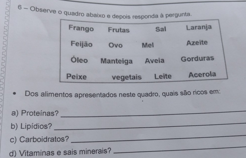 Observe o quadro abaixo e da à pergunta. 
Dos alimentos apresentados neste quadro, quais são ricos em: 
a) Proteínas? 
_ 
b) Lipídios? 
_ 
_ 
_ 
c) Carboidratos? 
d) Vitaminas e sais minerais?