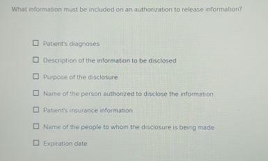 What information must be included on an authorization to release information?
Patient's diagnoses
Description of the information to be disclosed
Purpose of the disclosure
Name of the person authorized to disclose the information
Patient's insurance information
Name of the people to whom the disclosure is being made
Expiration date