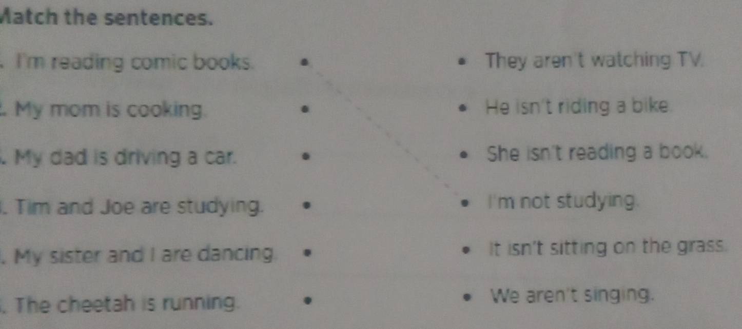 Match the sentences.
I'm reading comic books. They aren't watching TV.
My mom is cooking. He isn't riding a bike.
. My dad is driving a car. She isn't reading a book.
. Tim and Joe are studying. I'm not studying.
. My sister and I are dancing. It isn't sitting on the grass.
. The cheetah is running.
We aren't singing.