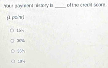 Your payment history is _of the credit score.
(1 point)
15%
30%
35%
10%