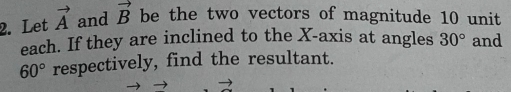 Let vector A and vector B be the two vectors of magnitude 10 unit 
each. If they are inclined to the X-axis at angles 30° and
60° respectively, find the resultant.