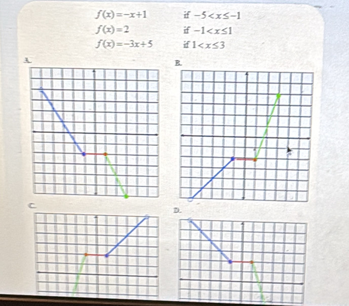 f(x)=-x+1 if -5
f(x)=2 if -1
f(x)=-3x+5 if 1
A 
B. 
C 
D.