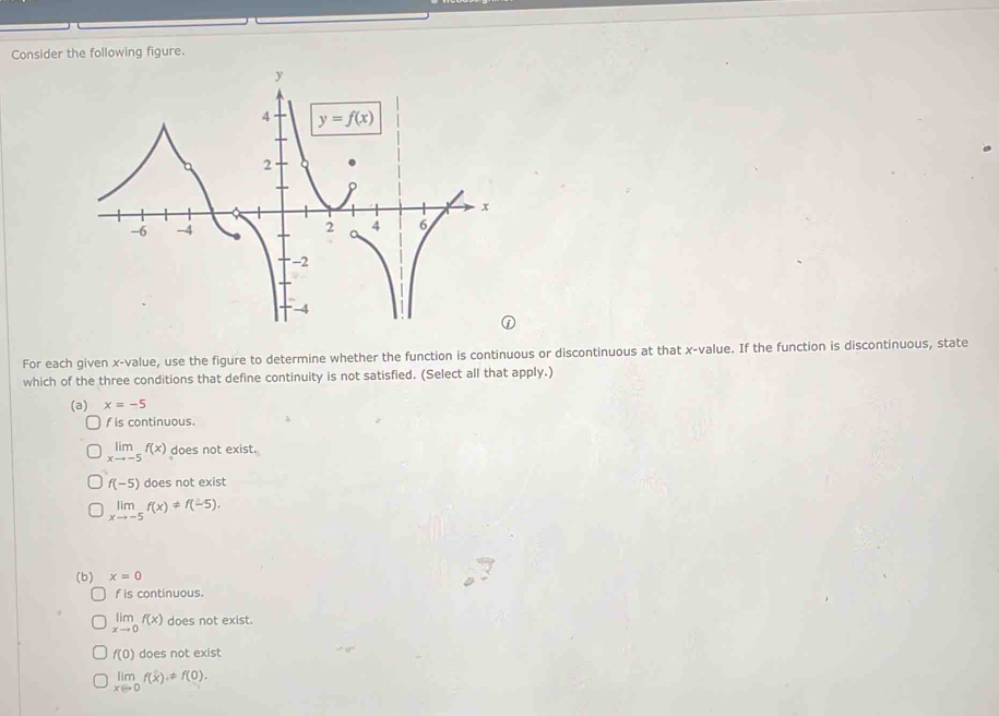 Consider the following figure.
For each given x-value, use the figure to determine whether the function is continuous or discontinuous at that x-value. If the function is discontinuous, state
which of the three conditions that define continuity is not satisfied. (Select all that apply.)
(a) x=-5
f is continuous.
limlimits _xto -5f(x) does not exist.
f(-5) does not exist
limlimits _xto -5f(x)!= f(-5).
(b) x=0
f is continuous.
limlimits _xto 0f(x) does not exist.
f(0) does not exist
limlimits _xto 0f(x)=f(0).