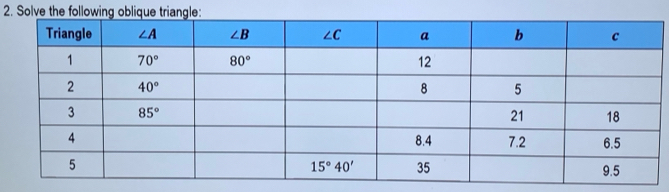 Solve the following oblique triangle
