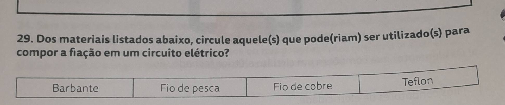 Dos materiais listados abaixo, circule aquele(s) que pode(riam) ser utilizado(s) para 
compor a fiação em um circuito elétrico?