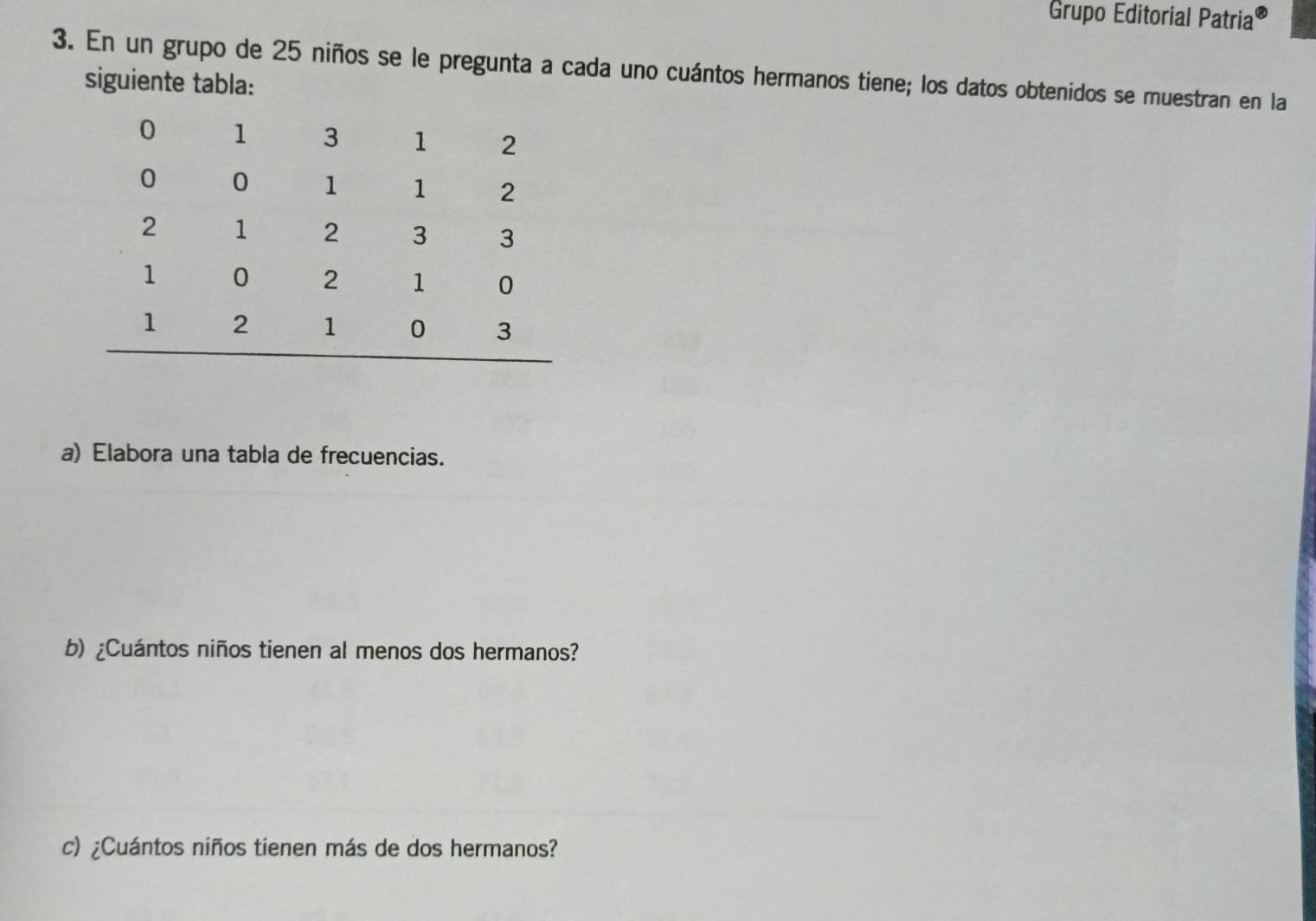 Grupo Editorial Patria 
3. En un grupo de 25 niños se le pregunta a cada uno cuántos hermanos tiene; los datos obtenidos se muestran en la 
siguiente tabla: 
a) Elabora una tabla de frecuencias. 
b) ¿Cuántos niños tienen al menos dos hermanos? 
c) ¿Cuántos niños tienen más de dos hermanos?