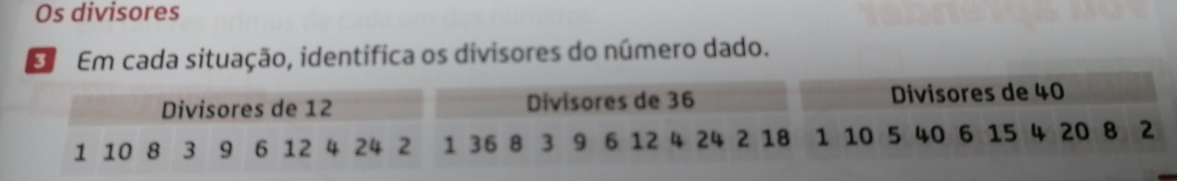 Os divisores 
Em Em cada situação, identifica os divisores do número dado.