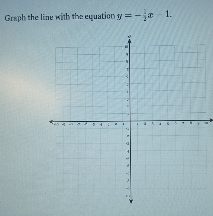 Graph the line with the equation y=- 1/2 x-1. 
10