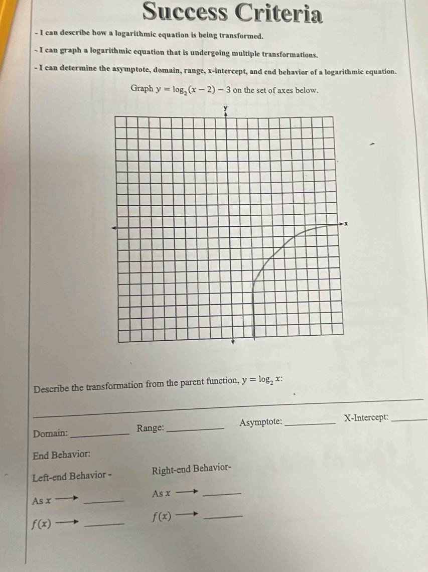 Success Criteria 
- I can describe how a logarithmic equation is being transformed. 
- I can graph a logarithmic equation that is undergoing multiple transformations. 
- I can determine the asymptote, domain, range, x-intercept, and end behavior of a logarithmic equation. 
Graph y=log _2(x-2)-3 on the set of axes below. 
_ 
Describe the transformation from the parent function, y=log _2x
Domain:_ Range:_ Asymptote:_ 
X-Intercept:_ 
End Behavior: 
Left-end Behavior - Right-end Behavior- 
_ 
As x
Asx 
_
f(x)
_ 
_
f(x)