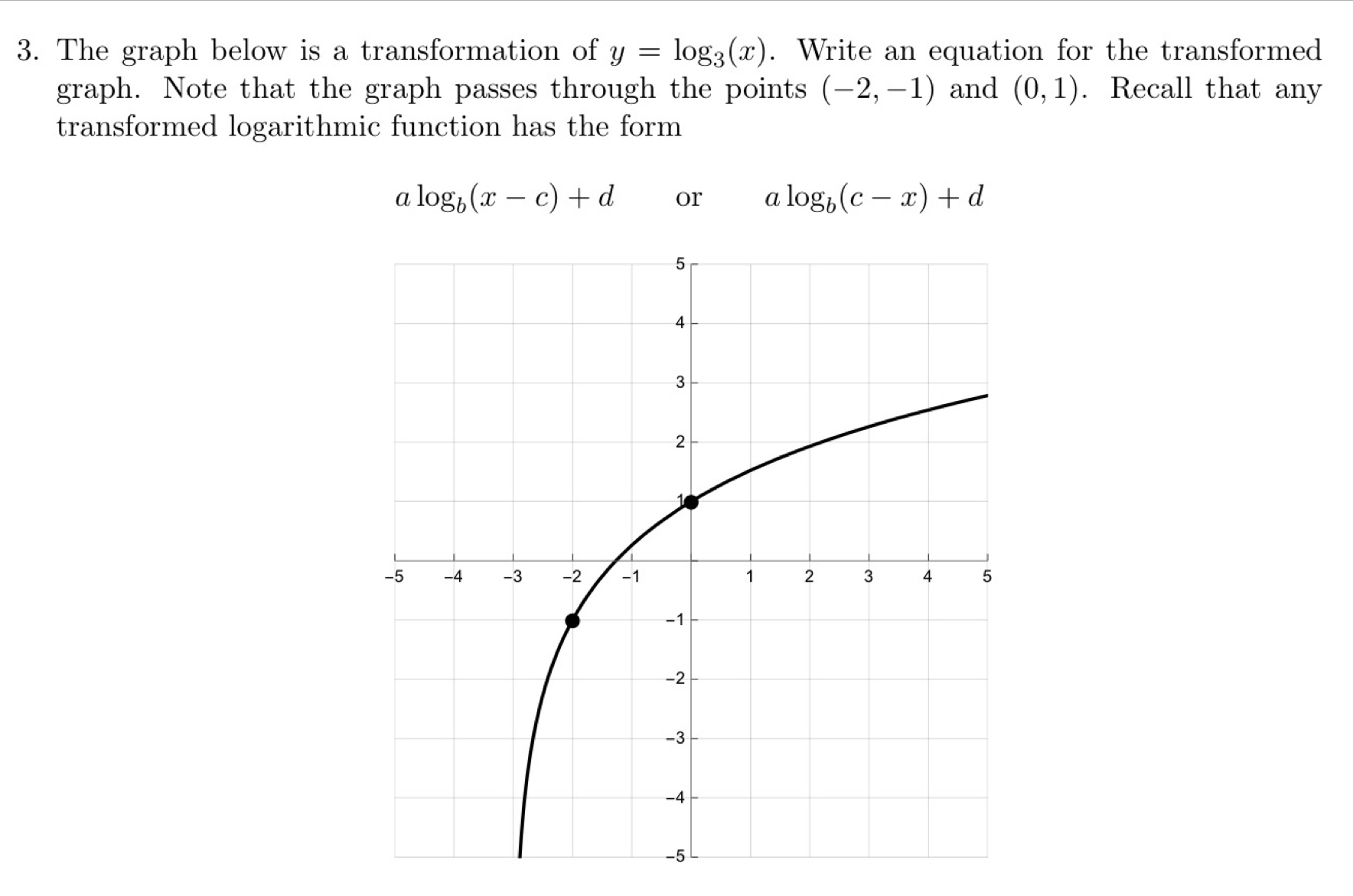 The graph below is a transformation of y=log _3(x). Write an equation for the transformed 
graph. Note that the graph passes through the points (-2,-1) and (0,1). Recall that any 
transformed logarithmic function has the form
alog _b(x-c)+d or a log _b(c-x)+d