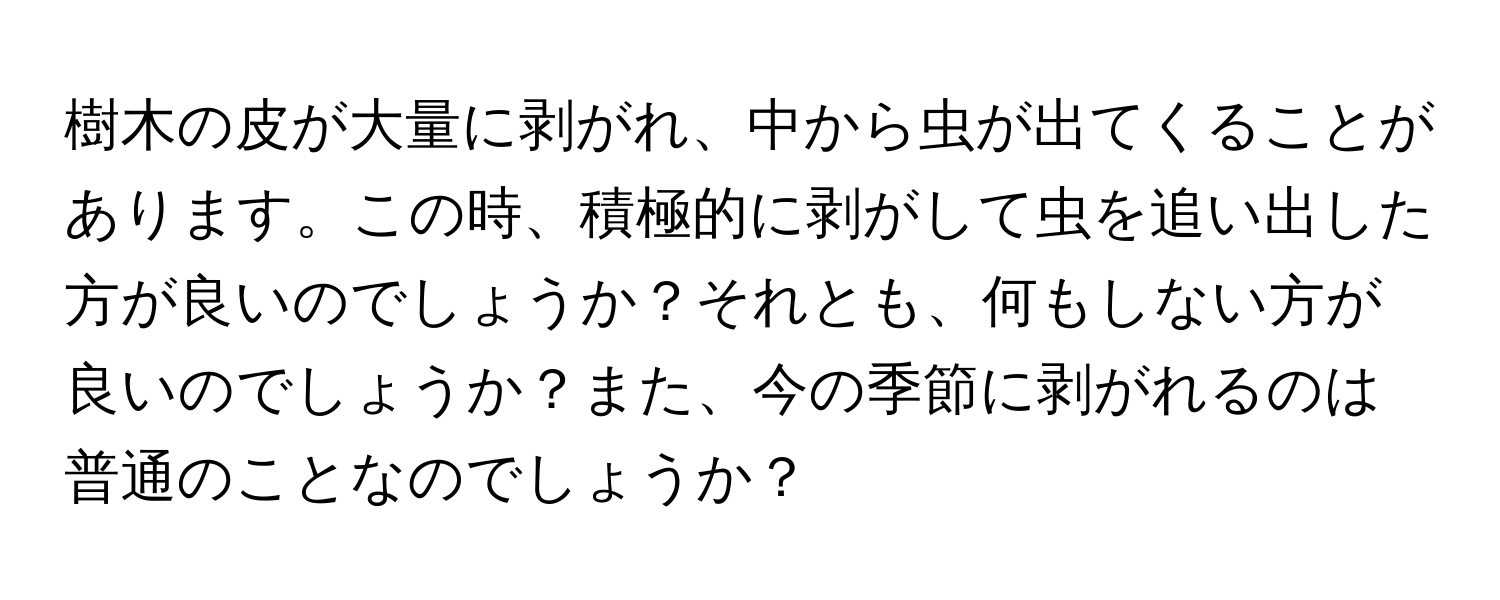 樹木の皮が大量に剥がれ、中から虫が出てくることがあります。この時、積極的に剥がして虫を追い出した方が良いのでしょうか？それとも、何もしない方が良いのでしょうか？また、今の季節に剥がれるのは普通のことなのでしょうか？