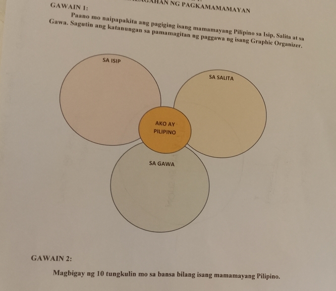 GAWAIN 1: 
Auāhán ng pagkamamamayan 
Paano mo naipapakita ang pagiging isang mamamayang Pilipino sa Isip, Salita at sa 
Gawa. Sagutin ang katanungan sa pamamagitan ng paggawa ng isang Graphic Organizer. 
GAWAIN 2: 
Magbigay ng 10 tungkulin mo sa bansa bilang isang mamamayang Pilipino.