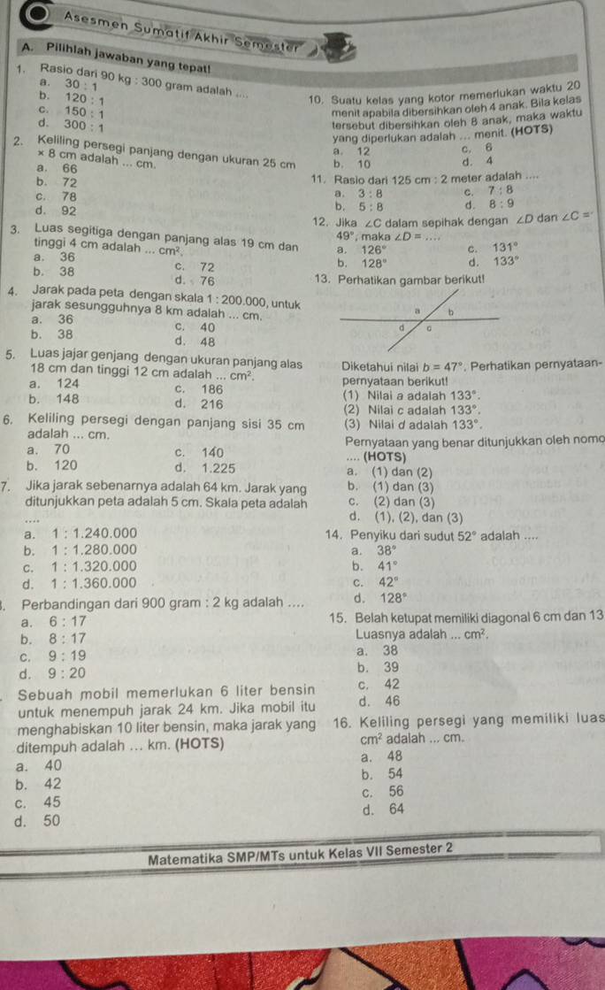 Asesmen Sumatif Akhir Semester
A. Pilihlah jawaban yang tepat!
1. Rasio dari 90 kg : 300 gram adalah ....
a. 30:1
b. 120:1
10. Suatu kelas yang kotor memerlukan waktu 20
C. 150:1
menit apabila dibersihkan oleh 4 anak. Bila kelas
d. 300:1
tersebut dibersihkan oleh 8 anak, maka waktu
yang diperlukan adalah ... menit. (HOTS)
a 12 c. 6
2. Keliling persegi panjang dengan ukuran 25 cm b. 10 d. 4
× 8 cm adalah ... cm.
a. 66
b. 72 11. Rasio dari 125 cm : 2
c. 78 3:8 meter adalah ....
a.
c. 7:8
b. 5:8 d. 8:9
d. 92 12. Jika ∠ C dalam sepihak dengan ∠ D dan ∠ C=
49° , maka ∠ D=...
3. Luas segitiga dengan panjang alas 19 cm dan a. 126° c. 131°
tinggi 4 cm adalah ... cm^2 b. 128° d. 133°
a. 36 c. 72
b. 38 d. 76
13. Perhatikan gambar berikut!
4. Jarak pada peta dengan skala 1:200.0 000, untuk
jarak sesungguhnya 8 km adalah ... cm.
a. 36 c. 40
b. 38 d. 48
5. Luas jajar genjang dengan ukuran panjang alas Diketahui nilai b=47°. Perhatikan pernyataan-
18 cm dan tinggi 12 cm adalah ... cm^2.
a. 124 c. 186 pernyataan berikut!
b. 148 d. 216 (1) Nilai a adalah 133°.
(2) Nilai c adalah 133°.
6. Keliling persegi dengan panjang sisi 35 cm (3) Nilai d adalah 133°.
adalah ... cm.
a. 70 c. 140 Pernyataan yang benar ditunjukkan oleh nomo
.... (HOTS)
b. 120 d. 1.225 a. (1) d an(2)
7. Jika jarak sebenarnya adalah 64 km. Jarak yang b. (1) da (3)
ditunjukkan peta adalah 5 cm. Skala peta adalah c. (2) dan (3)
d. (1), (2), dan (3)
a. 1:1.240.000 14. Penyiku dari sudut 52° adalah ....
b. 1:1.280.000 a. 38°
C. 1:1.320.000 b. 41°
d. 1:1.360.000 C. 42°. Perbandingan dari 900 gram : 2 kg adalah .... d. 128°
a. 6:17 15. Belah ketupat memiliki diagonal 6 cm dan 13
b. 8:17 Luasnya adalah_ ... cm^2.
c. 9:19 a. 38
d. 9:20 b. 39
Sebuah mobil memerlukan 6 liter bensin c. 42
untuk menempuh jarak 24 km. Jika mobil itu d. 46
menghabiskan 10 liter bensin, maka jarak yang 16. Keliling persegi yang memiliki luas
ditempuh adalah ... km. (HOTS) cm^2 adalah ... cm.
a. 40 a. 48
b. 42 b. 54
c. 45 c. 56
d. 50 d. 64
Matematika SMP/MTs untuk Kelas VII Semester 2