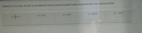 Ordene la función desde la pendiente menos pronunciada hasta la pendiente más pronunciada.
y= 3/4 x-3 y=-2x3 y=x42 y=4x05 y=-0.5x