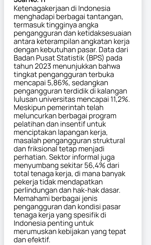 Ketenagakerjaan di Indonesia 
menghadapi berbagai tantangan, 
termasuk tingginya angka 
pengangguran dan ketidaksesuaian 
antara keterampilan angkatan kerja 
dengan kebutuhan pasar. Data dari 
Badan Pusat Statistik (BPS) pada 
tahun 2023 menunjukkan bahwa 
tingkat pengangguran terbuka 
mencapai 5,86%, sedangkan 
pengangguran terdidik di kalangan 
lulusan universitas mencapai 11,2%. 
Meskipun pemerintah telah 
meluncurkan berbagai program 
pelatihan dan insentif untuk 
menciptakan lapangan kerja, 
masalah pengangguran struktural 
dan friksional tetap menjadi 
perhatian. Sektor informal juga 
menyumbang sekitar 56,4% dari 
total tenaga kerja, di mana banyak 
pekerja tidak mendapatkan 
perlindungan dan hak-hak dasar. 
Memahami berbagai jenis 
pengangguran dan kondisi pasar 
tenaga kerja yang spesifik di 
Indonesia penting untuk 
merumuskan kebijakan yang tepat 
dan efektif.