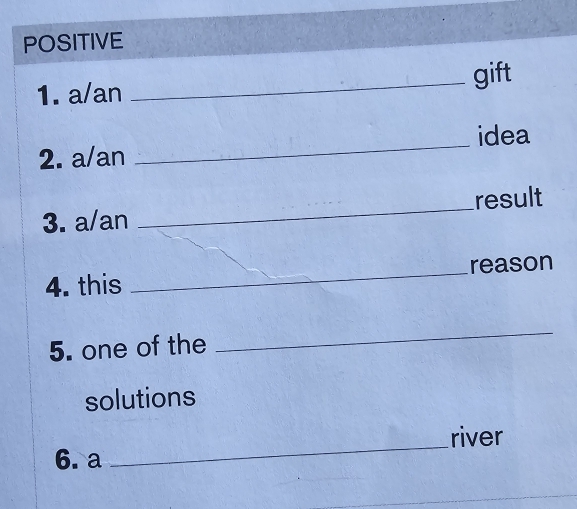 POSITIVE 
1. a/an _gift 
idea 
2. a/an 
_ 
3. a/an _result 
4. this _reason 
5. one of the 
_ 
solutions 
_ 
river 
6. a