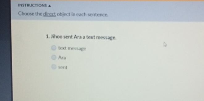 INSTRUCTIONS 
Choose the direct object in each sentence. 
1. Jihoo sent Ara a text message. 
text message 
Ara 
sent