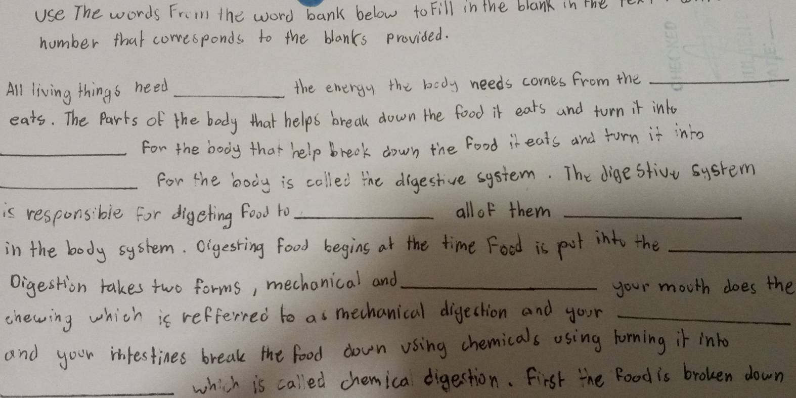 use The words From the word bank below to Fill in the blank in the re 
humber that corresponds to the blanks provided. 
All living things need_ the energy the body needs comes from the_ 
eats. The Parts of the body that helps break down the food it eats and turn it into 
_For the body that help break down the food it eats and forn it into 
_for the body is colled the digestive system. The digestive system 
is responsible for digeting food to_ all of them_ 
in the body syshem. Oigesting food begins at the time Food is put into the_ 
Digestion takes two forms, mechanical and_ 
your mouth does the 
chewing which is refferred to as mechanical digestion and your_ 
and your infestines break the food down using chemicals using horming it into 
_which is called chemica digestion. First the Food is broken down