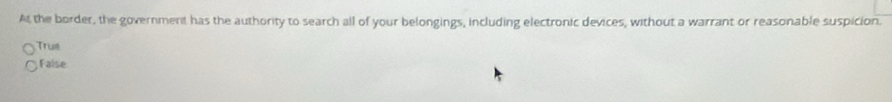At the border, the government has the authority to search all of your belongings, including electronic devices, without a warrant or reasonable suspicion.
True
False