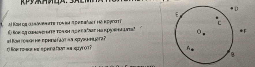 а) Κои од означените точки лрилаήаат на кругот? 
б) Коиод означените точки лрилаήааτ на кружницата? 
в) Кои точки не лрилаήаат на кружницата? 
г) Кои тοчки не лрилаήаат на кругот?