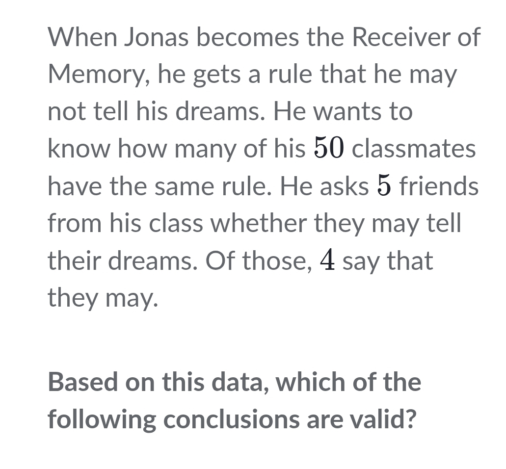 When Jonas becomes the Receiver of 
Memory, he gets a rule that he may 
not tell his dreams. He wants to 
know how many of his 50 classmates 
have the same rule. He asks 5 friends 
from his class whether they may tell 
their dreams. Of those, 4 say that 
they may. 
Based on this data, which of the 
following conclusions are valid?