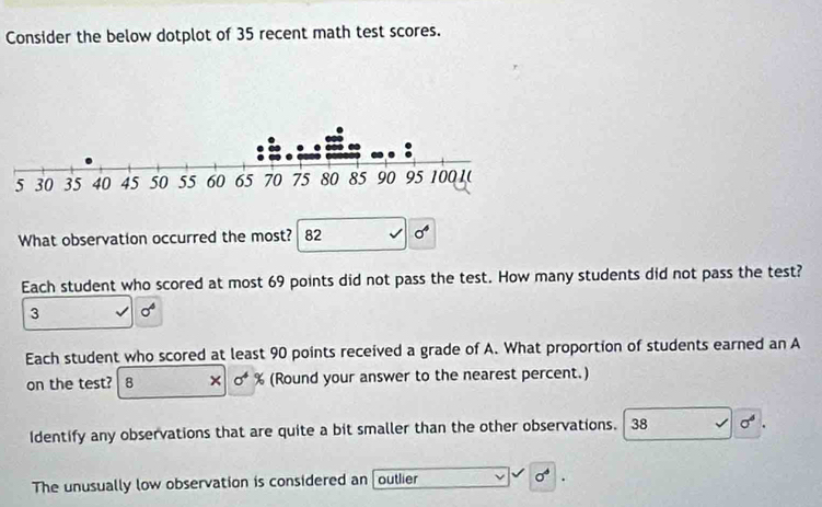 Consider the below dotplot of 35 recent math test scores.
What observation occurred the most? 82 sigma^4
Each student who scored at most 69 points did not pass the test. How many students did not pass the test?
3 sigma^4
Each student who scored at least 90 points received a grade of A. What proportion of students earned an A
on the test? 8 × sigma^4 % (Round your answer to the nearest percent.)
Identify any observations that are quite a bit smaller than the other observations. 38 sigma^6
The unusually low observation is considered an [oulier sigma°