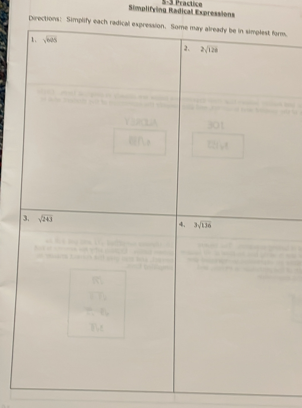 5-3 Practice
Simplifying Radical Expressions
Directions: Simpm.