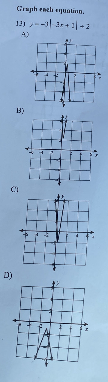 Graph each equation. 
13) y=-3|-3x+1|+2
A) 
B) 
C) 
D)