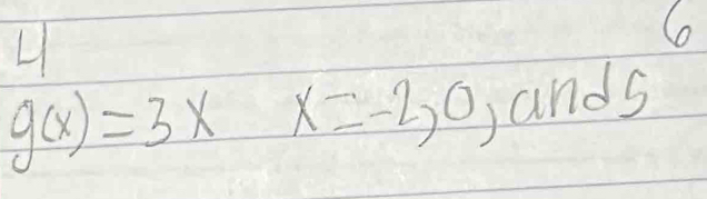 6
g(x)=3x x=-2,0, ands