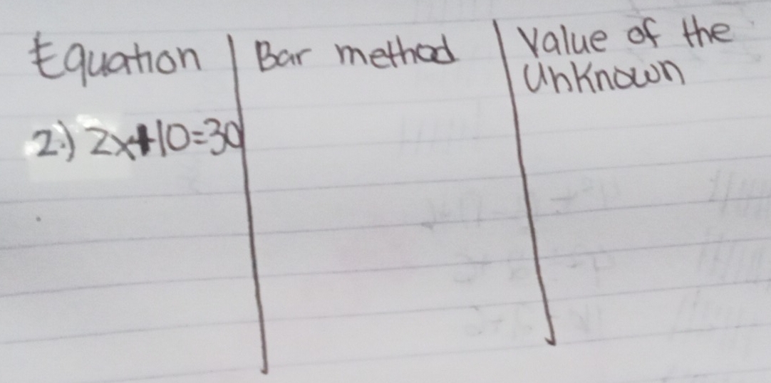 quation Bar method value of the 
unKnown 
2) 2x+10=30